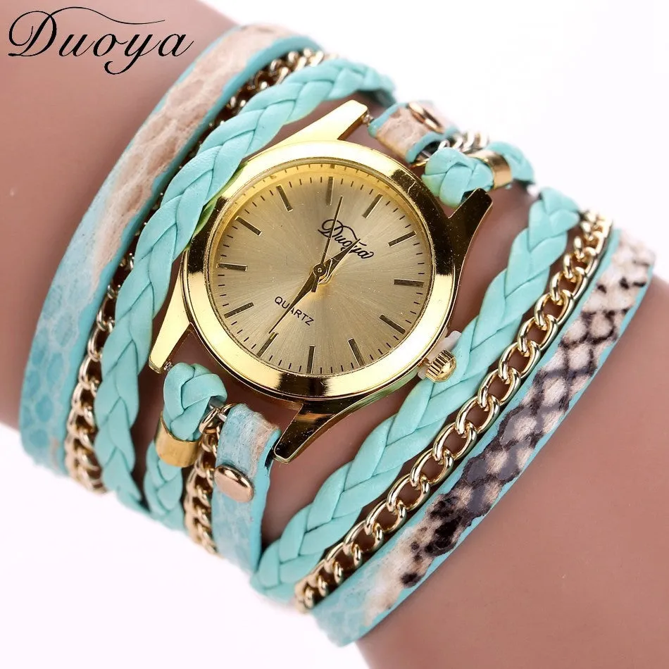 Women's Casual Vintage Multilayer Wristwatch Weave Wrap Rivet Leather Bracelet Wrist Watch