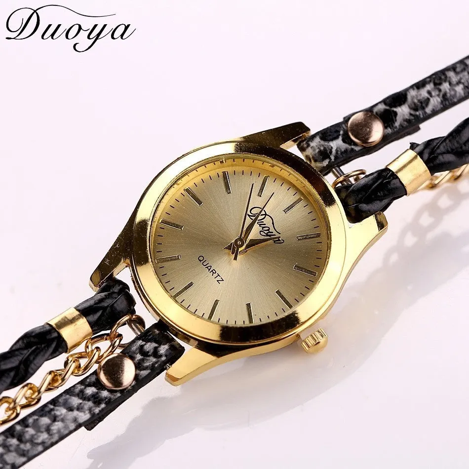 Women's Casual Vintage Multilayer Wristwatch Weave Wrap Rivet Leather Bracelet Wrist Watch