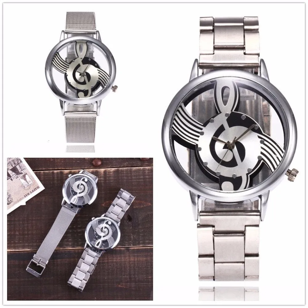 Women's Hollow Music Note Silver Fashion Watch by Zegarek Damski