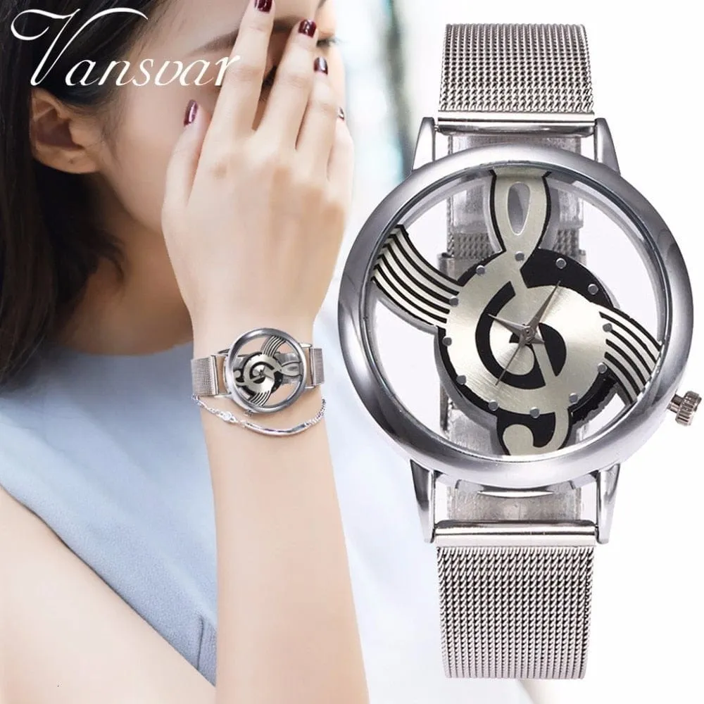 Women's Hollow Music Note Silver Fashion Watch by Zegarek Damski